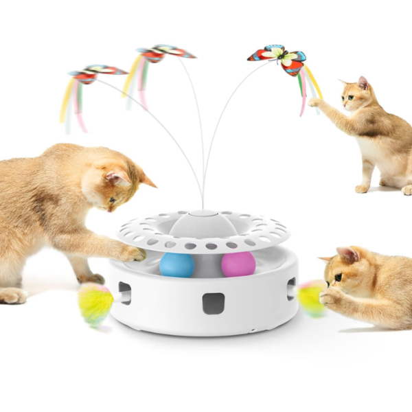 FYA Cat Toys 3 in 1 Automatic Interactive Kitten Toy, Fluttering Butterfly Toy for Cat Chase and Exercise, Moving Ambush Feather, Track Balls, Dual Power Supplies, USB Powered, Smart Standby